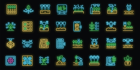 Automated plant seeding icons set outline vector. Nature farm. Plant innovation neon color on black