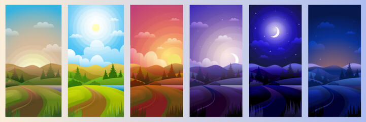 Day parts. Landscape in night morning noon sunset background recent vector cartoon template - obrazy, fototapety, plakaty