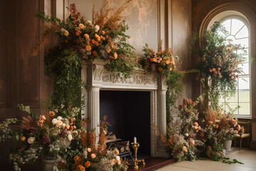 Fototapeta na wymiar Floral decoration, wedding decor and autumn holiday celebration, autumnal flowers and event decorations in the English countryside mansion estate, country style