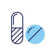 Pills related vector line icon. Pills linear icon. Pharmaceutical product. Vitamin for personal healthcare. Capsules with aspirin. Isolated on white background. Vector illustration. Editable stroke