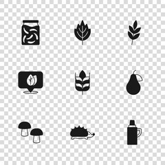 Set Hedgehog, Pear, Thermos container, Wheat, Leaf, Pickled cucumbers jar, and Location with leaf icon. Vector