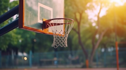 Outdoor basketball hoop illuminated by the sun. Sports, games - obrazy, fototapety, plakaty