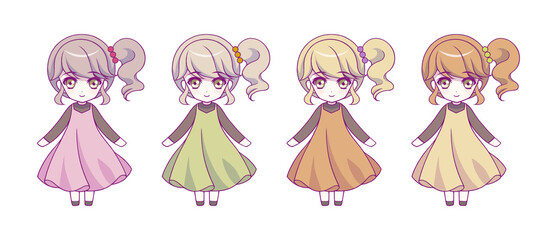 Anime style girls character illustration set