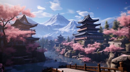 Fototapeta premium Cherry Blossom Fetes intertwined with peaceful monk temples nestled in mountain beauty, offering breathtaking vistas & temples donning traditional garb & traditional samurai.