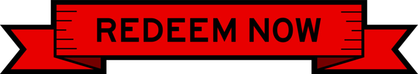 Ribbon label banner with word redeem now in red color on white background