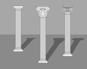 WebGreek Columns, Dorica, Jonica, Corinthia, illustration of famous Greek columns with gray background.