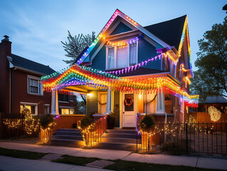 A Cute House Adorned with Rainbow-Colored Lights