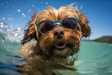 a dog on vacation swims in the water in sunglasses,funny little dog swims in the water on the sea,generative ai