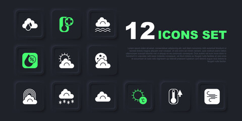 Set Thermometer, Wind, Sun and cloud weather, Water drop percentage, Cloud with snow, and icon. Vector