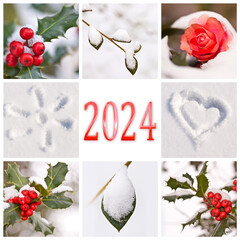 2024, snow and winter red and white nature photos collage, new year greeting card