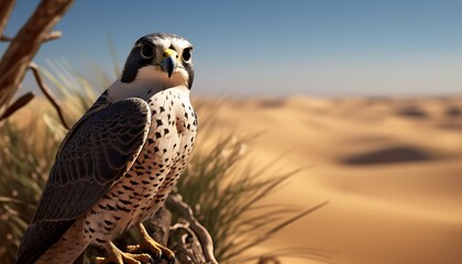 Peregrine falcon sitting on a branch in the desert