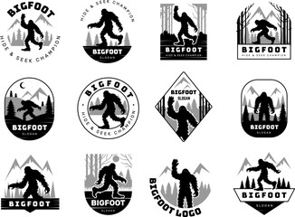Bigfoot. Badges set for travellers recent vector bigfoot characters in label