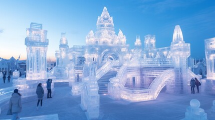 Marvel at the intricate details of the ice sculptures at the Sapporo Snow Festival, a frozen wonderland.  - obrazy, fototapety, plakaty