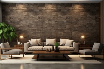Virtual living space with contemporary interior design and textured wall backdrop. Generative AI