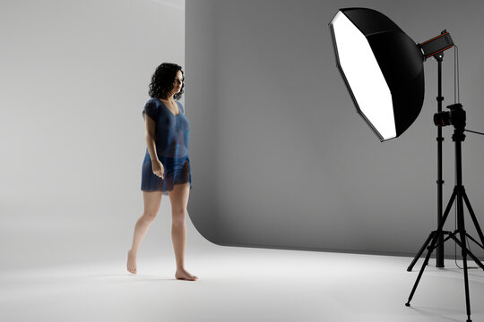 Woman posing in transparent clothing in a photo studio. 3D Render