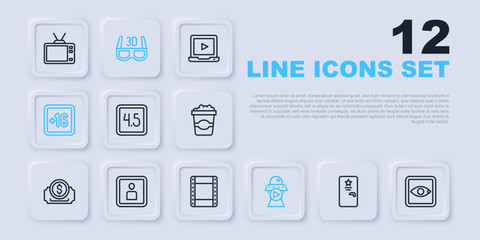 Set line Backstage, Rating movie, Science fiction, Plus 16, Play Video, 3D cinema glasses and video icon. Vector