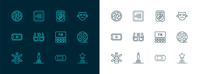 Set line Drama theatrical mask, Movie trophy, Cinema auditorium with screen, ticket, 3D cinema glasses, CD disk award frame, Camera shutter and Plus 16 movie icon. Vector