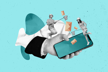 Creative advert illustration collage spam incoming message two friends catching fishnet virus sms...