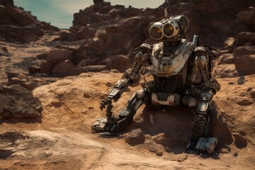 dejected robot rests on unfamiliar extraterrestrial terrain. Generative AI