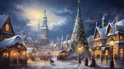 Snowy Town and Christmas Scnerey - obrazy, fototapety, plakaty