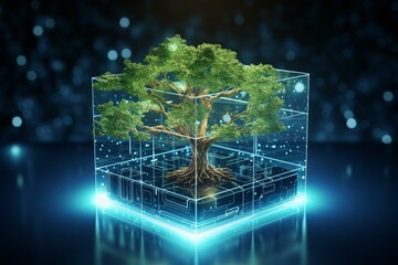 Tree growing on digital cube, technology convergence with blue light and wireframe network background. Concept for green computing, green technology, IT ethics. Generative AI