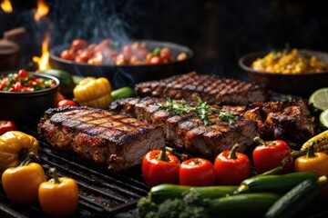 Fiery Grilled Meats and Fresh Vegetables on Black Background: Juicy BBQ Steak, Chicken, Pineapple, and Peppers delicious, AI Generated
