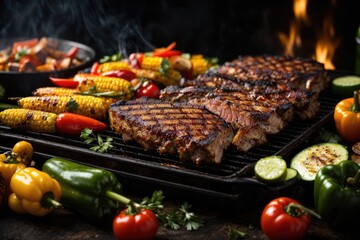 Fiery Grilled Meats and Fresh Vegetables on Black Background: Juicy BBQ Steak, Chicken, Pineapple, and Peppers delicious, AI Generated