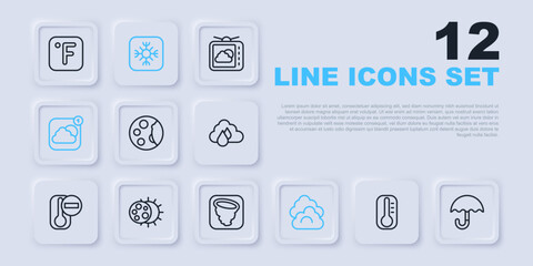 Set line Thermometer, Umbrella, Moon phases, Cloud, Weather forecast app, Eclipse of sun, Snowflake and Tornado icon. Vector