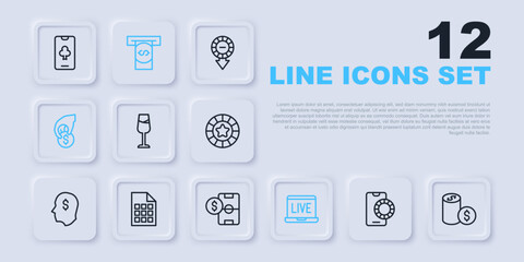 Set line Online sports betting, Casino chip with dollar, Wine glass, poker table game, Hand holding casino chips, Lottery ticket, Automated teller machine money and Football icon. Vector