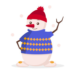 Cute snowman in a warm sweater and a warm hat waves his hand. Snowing. Vector graphic.