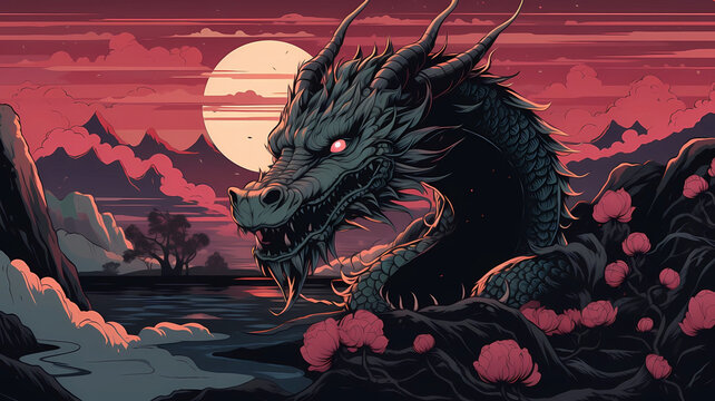Hand drawn cartoon illustration of dragon under dusk and sunset

