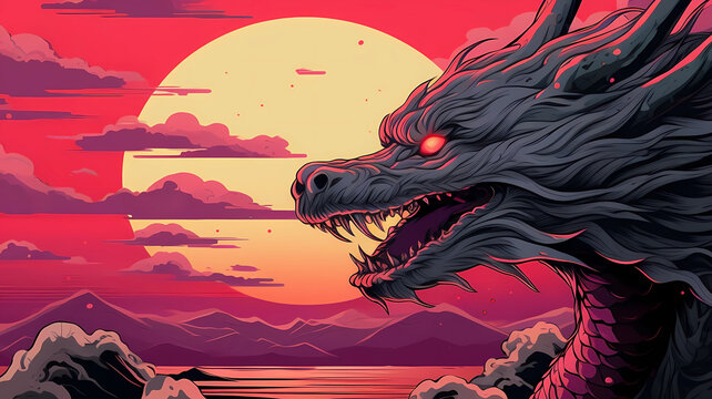 Hand drawn cartoon illustration of dragon under dusk and sunset
