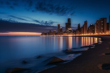 A beautiful view of downtown Chicago and Lake Michigan during twilight, taken near 49th Street Beach. Generative AI