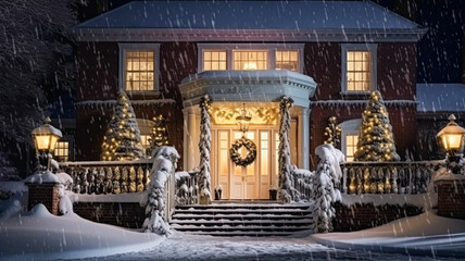 Christmas in the countryside manor, English country house mansion decorated for holidays on a snowy winter evening with snow and holiday lights, Merry Christmas and Happy Holidays - obrazy, fototapety, plakaty