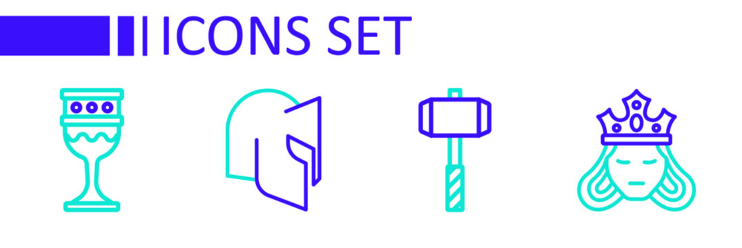 Set line Princess or queen, Battle hammer, Medieval helmet and goblet icon. Vector