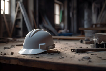 White hard hat on construction site background with copy space. Industrial concept, work protection, construction safety industry concept
