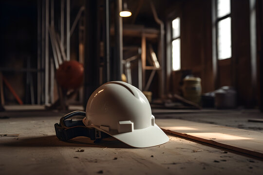White hard hat on construction site background with copy space. Industrial concept, work protection, construction safety industry concept