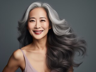 A smiling and Beautiful middleaged aging mature asian woman with long gray hair and happy smiling, beauty and cosmetics advertising, smooth skin