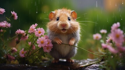A hamster standing on a rock in the rain