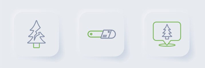 Set line Location of the forest, Chainsaw and Tree icon. Vector