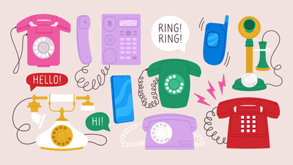 Various retro telephones, flat vintage phones collection. Wire phones doodle drawing, stylish gadgets nostalgie. Phone system racy vector set