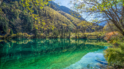 In Jiuzhaigou National Reserve, China, a pristine emerald-green lake mirrors the vibrant autumn foliage, creating a stunning water reflection that encapsulates the serene beauty of this picturesque na