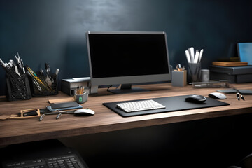 Workspace with computer monitor with keyboard, mouse and stationery on wooden table, mock up