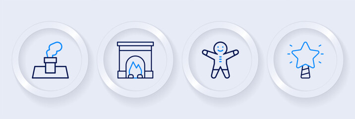 Set line Christmas star, Holiday gingerbread man cookie, Interior fireplace and chimney icon. Vector