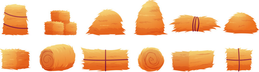 Cartoon hay collection. Hays stacks and bales, agriculture seasonal elements. Autumn time on farm or village, harvest haystacks nowaday vector set © LadadikArt