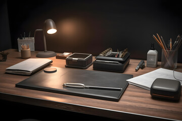 Workspace with computer monitor with keyboard, mouse and stationery on wooden table, mock up
