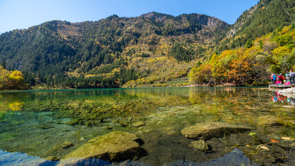 Crystal lake in JiuZhaigou Nature reserve amidst autumn Foliage, China