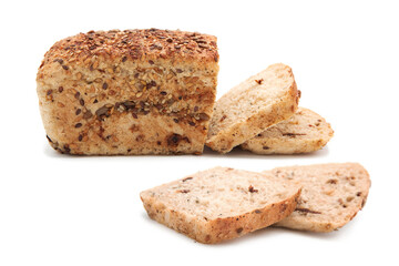 Freshly baked craft bread with cereals. Half bread and sliced.