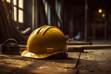 Yellow hard hat on construction site background with copy space. Industrial concept, work protection, construction safety industry concept