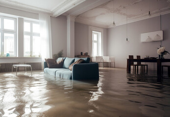 Flood in the apartment in the kitchen. Concept of a pipe breaking into a house. Emergency. - obrazy, fototapety, plakaty
